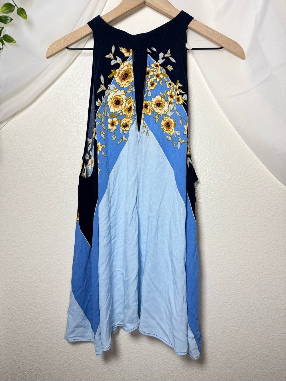 Free People Beat of My Heart Floral Halter Tunic Top Large Blue Black